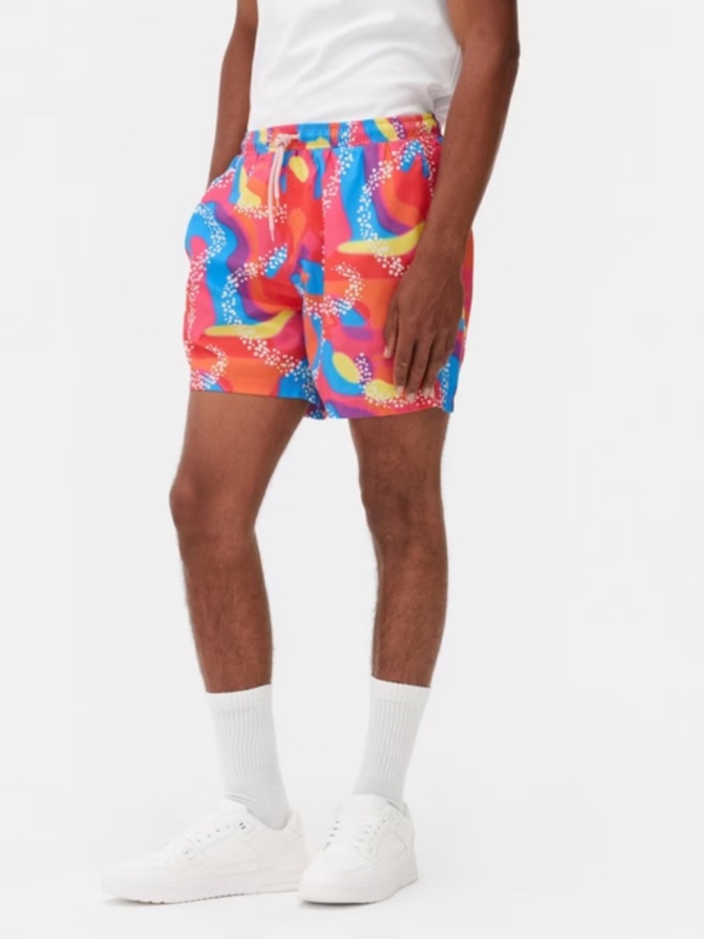 Barbie The Movie: men neon pink Vibrant Abstract Print Swim Shorts 5” inseam (L)